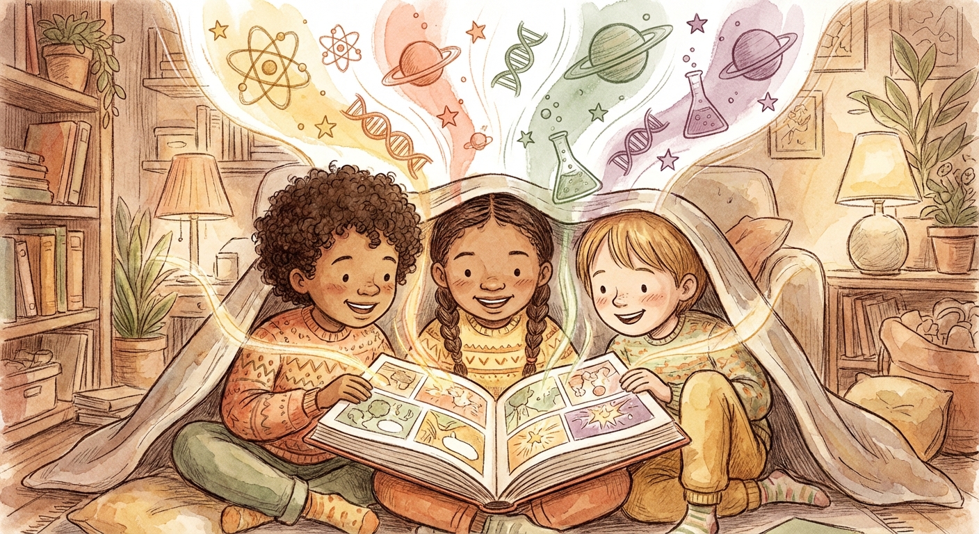 Kids reading a glowing science comic book together